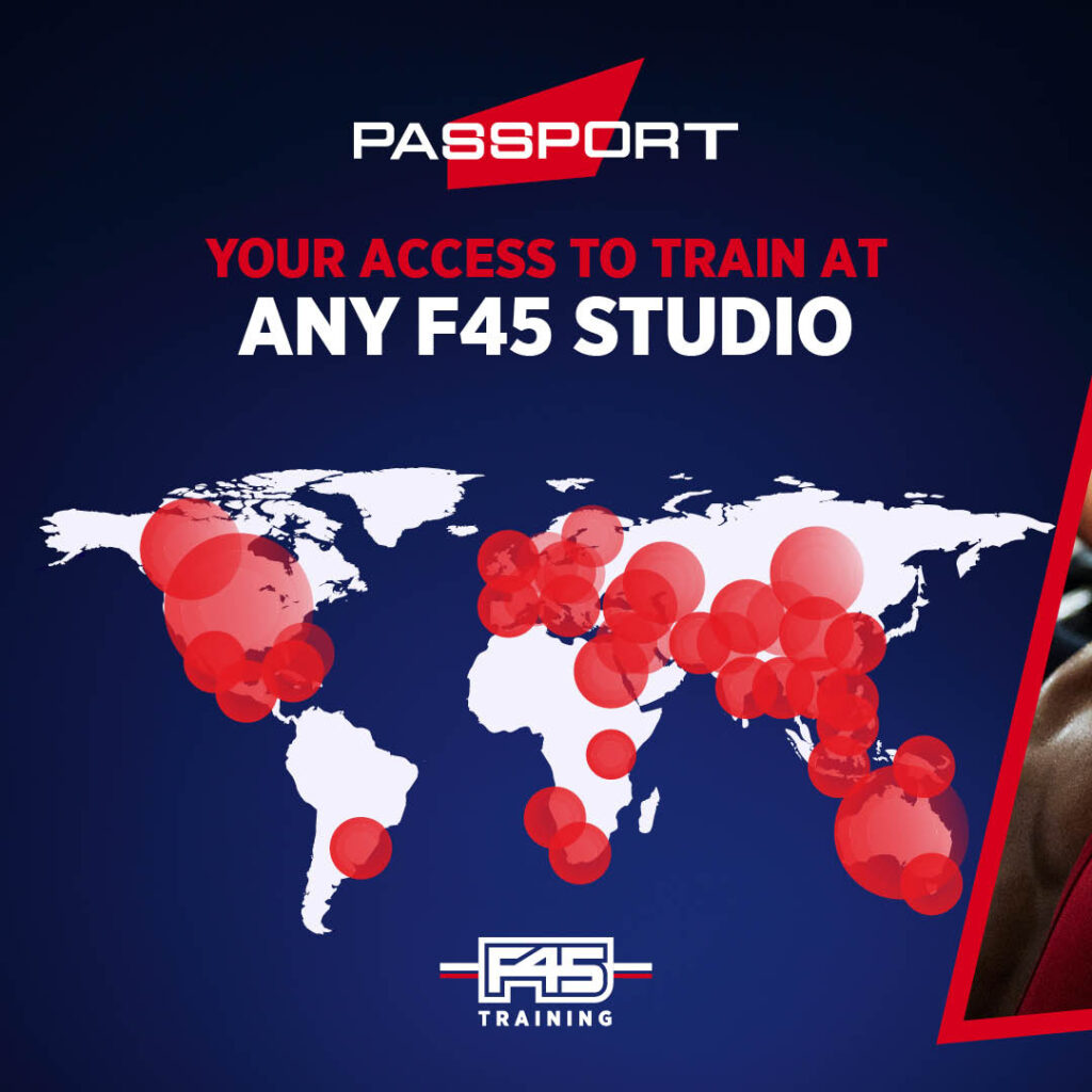 F45 Passport Program announcement for F45 Ventura County members, detailing the global launch and benefits of up to six visits per month at any participating F45 studio.